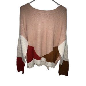 GENERAL GOOD STITCH FIX TAN COLOR BLOCK OPEN KNIT CREW NECK SWEATER SIZE XL NWOT